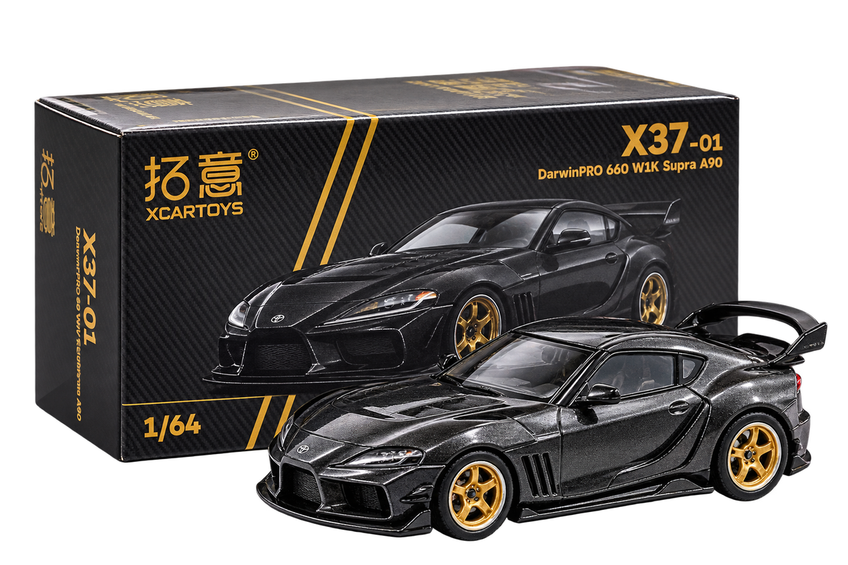 Toyota Supra DarwinPro 1:64 Diecast Model Car – Black/Gold JDM Collectible