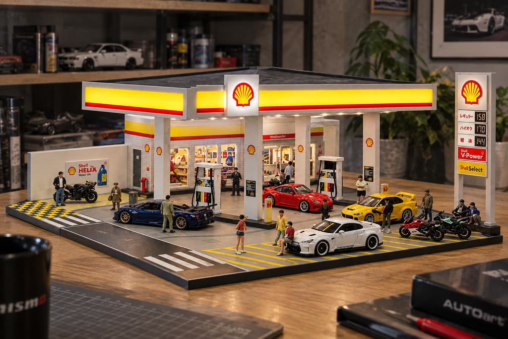1:64 Shell Garage Fuel Station Diorama Car Model Diecast Scene Display