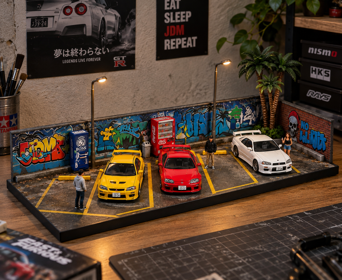 1:64 Graffiti Parking Lot Diorama Car Model Diecast Scene Display