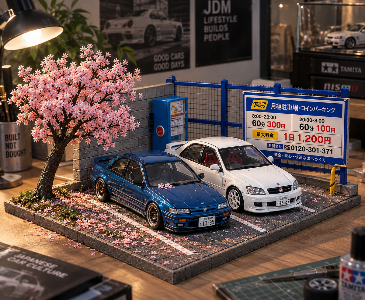 1:64 Cherry Blossom Car Park Diorama Car Model Diecast Scene Display Box